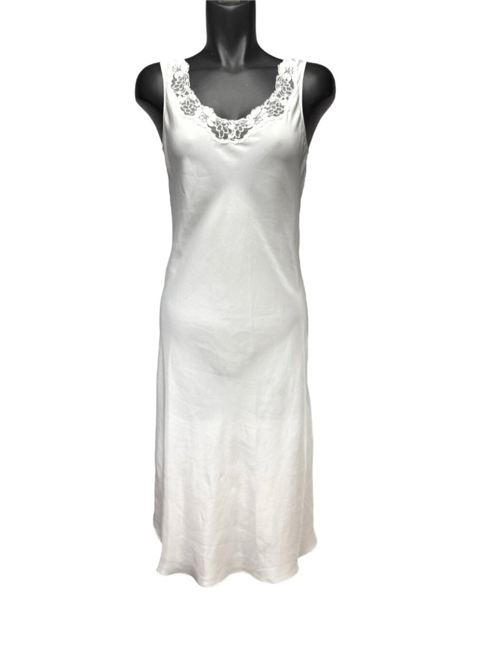 Vintage White Satin Lace Trim Semi Sheer Midi Sleeveless Slip Dress S